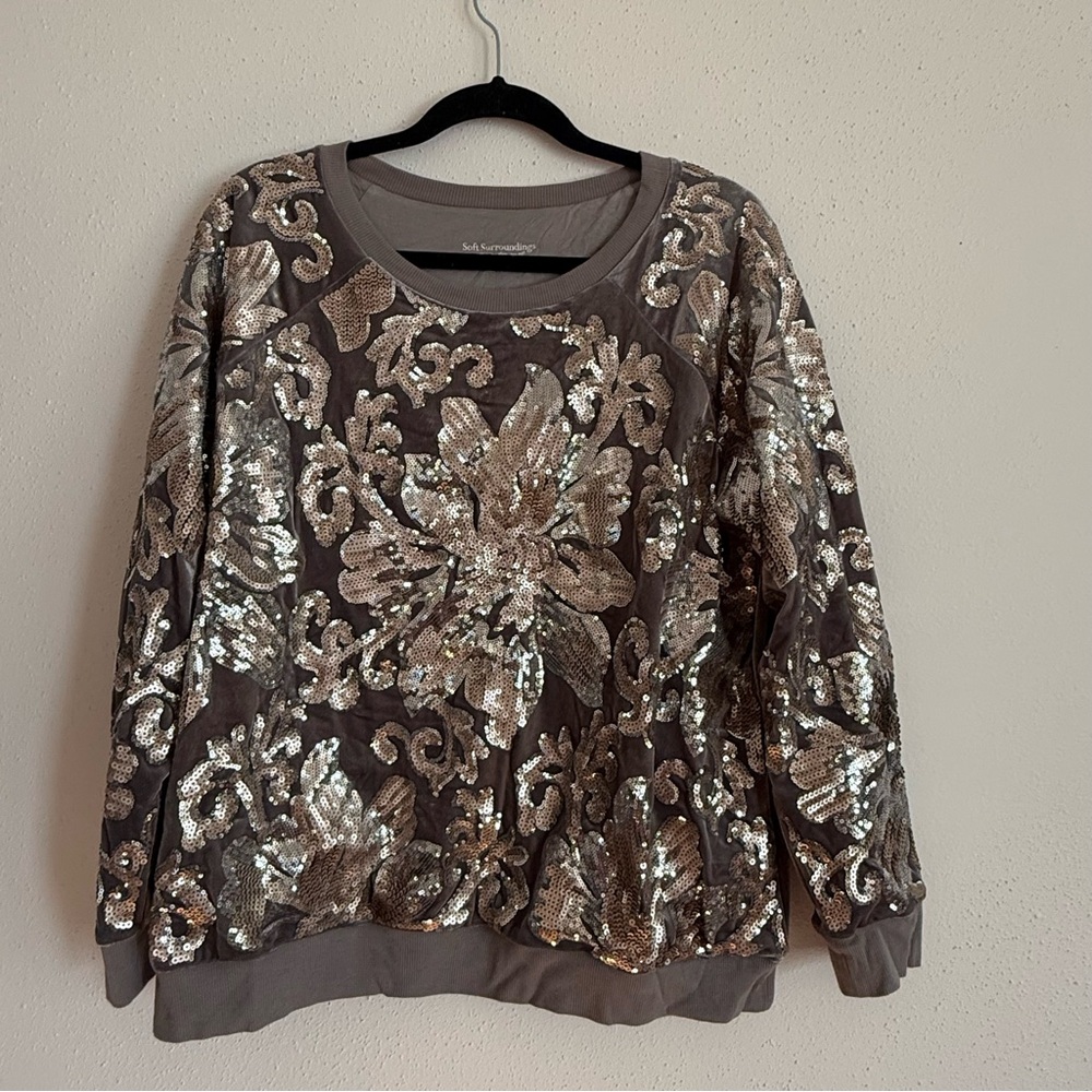 Soft Surrounds Sequins Floral Print Velour Sweat Shirt Size XL